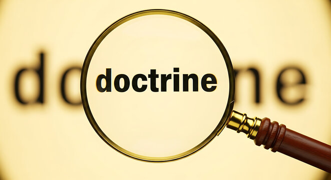 A magnifying glass focusing on the word doctrine in a close-up view.