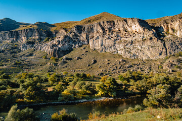 View on the Vardzia monanstery, a rock-hewn city in the cliffs above the Kura river in the south of Georgia © Pernelle Voyage