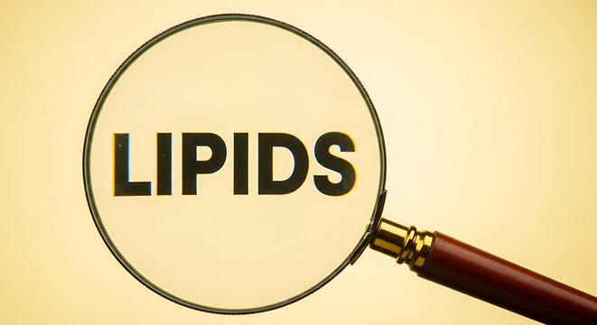 A magnifying glass examines lipids on a surface closely.