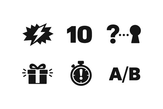 Collection of icons representing concepts like speed, numbers, questions, gifts, time, and testing