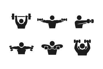 Fototapeta premium Collection of fitness icons showing people lifting weights and exercising with dumbbells