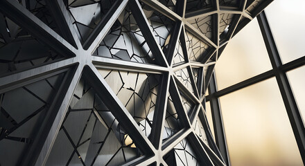 Intricate geometric patterns and reflections on a glass surface with wind turbines