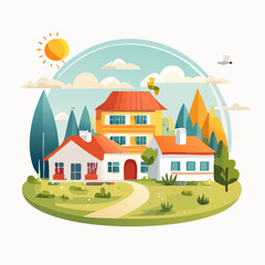 Naklejka premium Vibrant illustration of a peaceful countryside town with colorful homes and natural elements under a bright sky