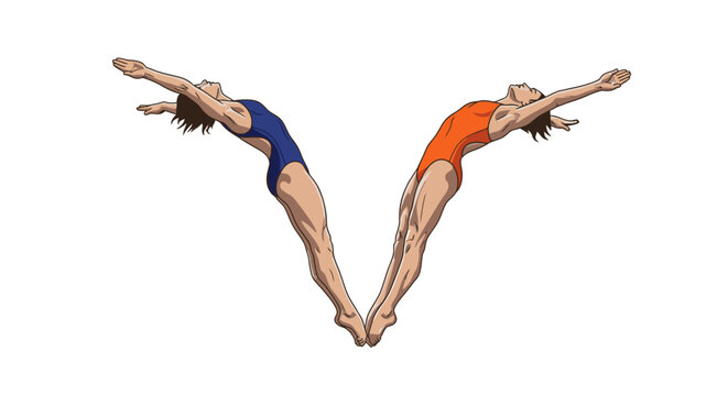Two female divers in swimsuits forming a v shape against white background