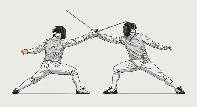 Two fencers engaging in a competitive fencing match on a plain background