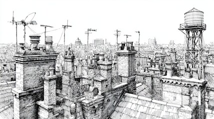 Fototapeta premium Detailed city rooftop skyline with water tower in vintage architectural engraving sketch style art
