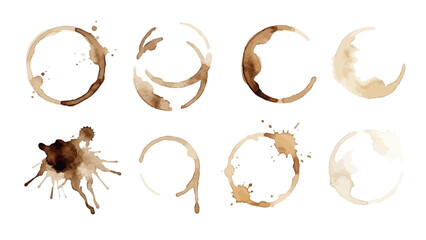 Watercolor coffee stains and splashes set, realistic brown ring marks for vintage design／コーヒー 