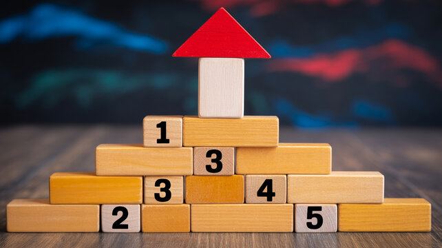 A wooden block tower with numbers symbolizing progress and achievement.