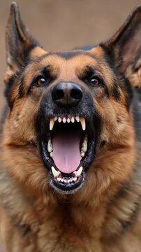 Aggressive German Shepherd baring sharp teeth and snarling in close up, warning sign of dangerous dog behavior on street background, potential rabies bite risk, animal attack threat and public safety