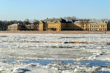 St Petersburg Russia. Prince Menshikov Palace and ice drift on the Neva river on the foreground, sunny view of St Petersburg landmark © syntheticmessiah