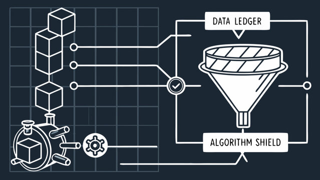 A vector graphic illustration of a data processing algorithm shield with a funnel and ledger