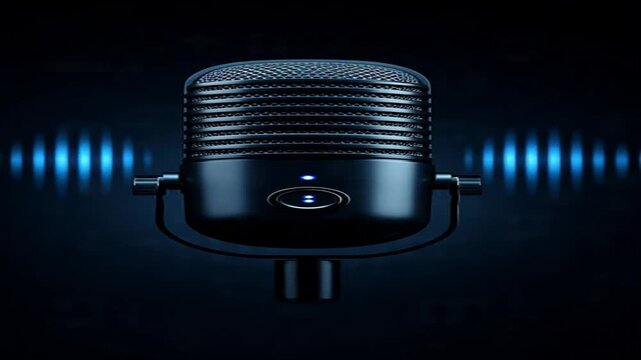 Modern wireless speaker with sound waves floating in dark studio lighting for tech product presentation.