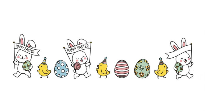 Cute Easter parade with bunny chick egg holding happy easter banner cartoon vector illustration