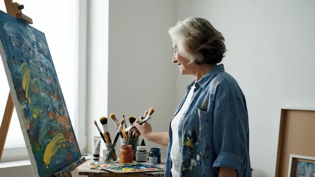 Older woman painting on a canvas in a bright art studio. Senior artist expressing creativity with colorful strokes. Hobby and self-expression concept