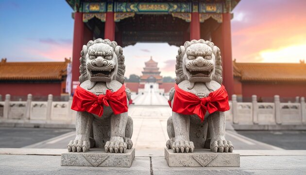 Guardian Lions at the Forbidden City, Beijing with Red Ribbons.