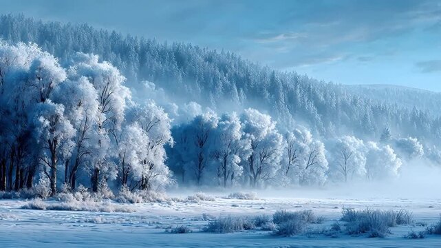 Majestic panoramic winter wonderland landscape showcasing an untouched snow-covered field leading to a dense forest of frosted tall trees.