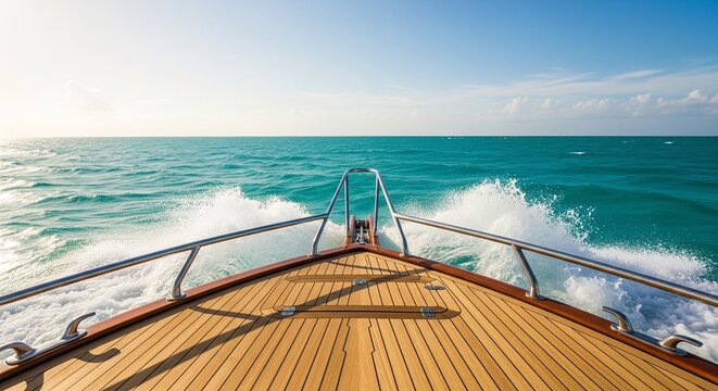 View from the bow of a wooden deck boat sailing on turquoise ocean water under a clear blue sky.