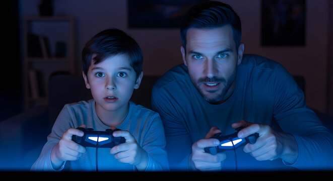 Father and son playing video games together on couch at night