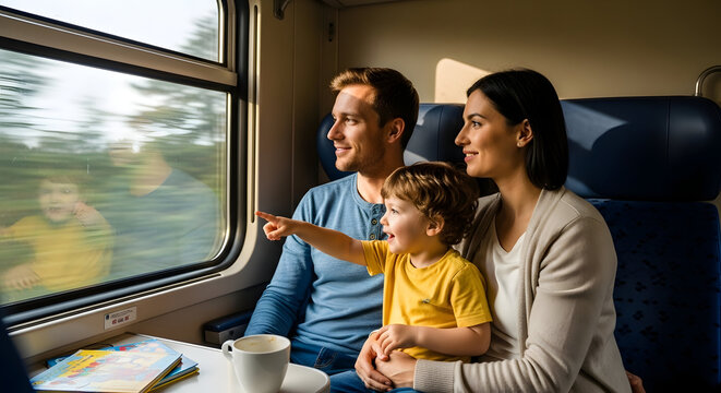 Family enjoys scenic train journey looking out window at passing landscape