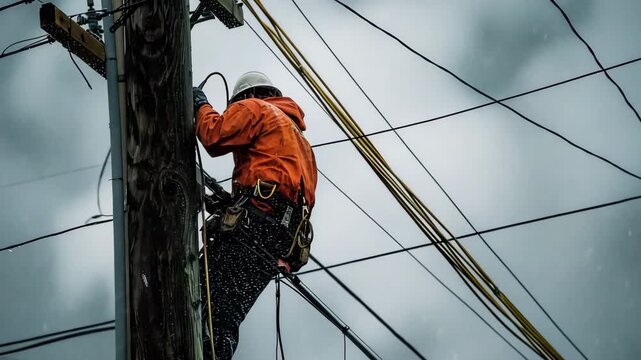 Lineman working on utility pole during snowstorm