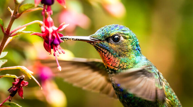 Hummingbird drinks nectar from fuchsia flower