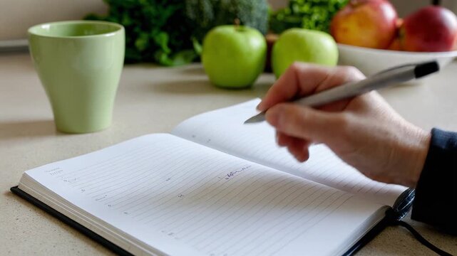 Person writing in notebook with green apples and cup on kitchen counter productivity and planning