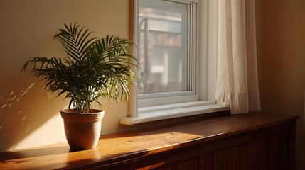 Fototapeta premium Sunlight streams through a window illuminating a potted plant on a wooden surface creating a peaceful indoor atmosphere