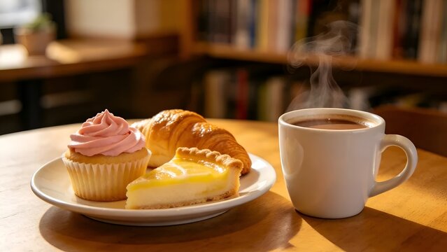 Coffee break with assorted pastries in a cozy book cafe with bookshelves