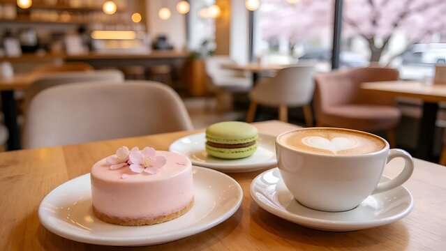 Spring cafe time: Cherry blossom-themed cake, macron and a cup of coffee on a cafe table