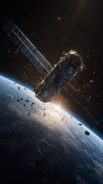 AI generator images of Space debris, or space waste, is the result of collisions or explosions of satellites in Earth orbit, including defunct satellites, rocket fragments, and small pieces of debris 