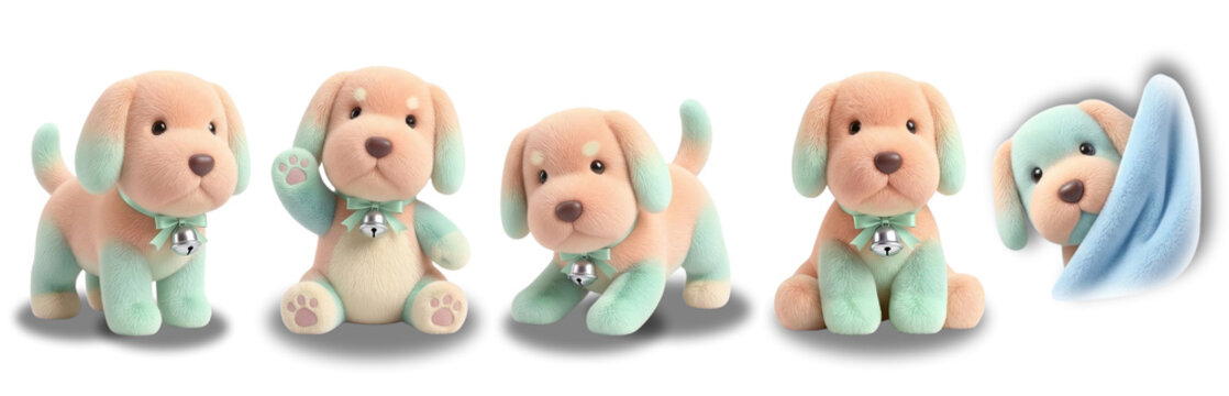 Cute Puffy 3D Dog Icon Set, Adorable Peach Pink and Mint Green Puppy Character Bundle, 5 Various Poses, Soft Plushie Texture, Isolated Transparent PNG, Generative AI Asset.