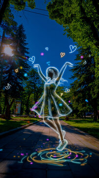 AI generator images of  depicts a woman in a glowing white line art style, resembling neon light.She is shown dancing or walking happily amidst a lush, tree-lined natural landscape.
Heart symbols and