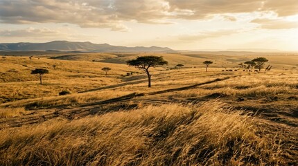 Obraz premium A vast grassy savanna landscape under a golden sunset with scattered acacia trees