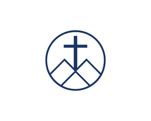 Obraz premium Christian Cross Symbol Over Mountains Inside Circle Religious Iconography Faith and Hope Concept