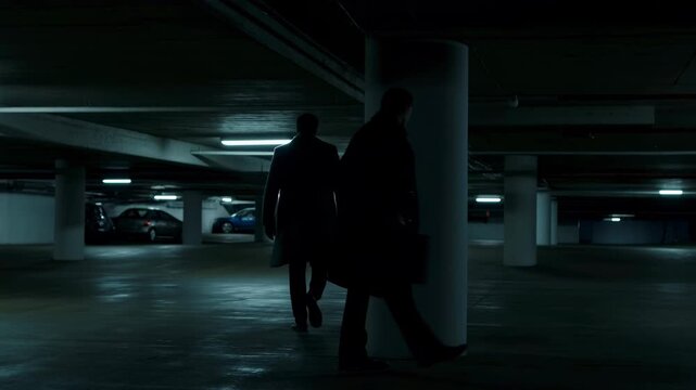 Secretive Underground Exchange. Tense Clandestine Meeting In Shadowed Underground Parking Lot