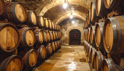 Wooden wine barrels stacked in rustic cellar with warm lighting and stone walls
