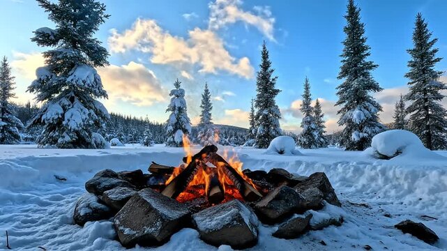 Campfire burning in snow-covered forest clearing with trees