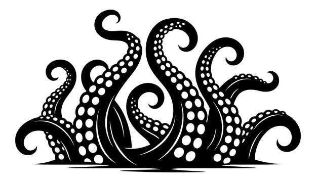 Mysterious Deep Sea Octopus Tentacles Rising From Below, Kraken Giant Squid Arms Silhouette, Underwater Marine Life Vector Illustration