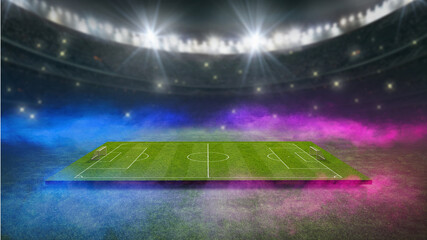 Fototapeta premium textured soccer game field with neon fog - center, midfield. 3D-Illustration