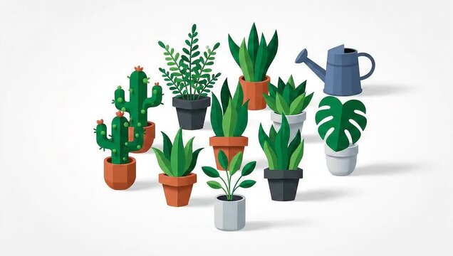 A collection of potted plants and a watering can are arranged on a white background, with leaves falling around them.