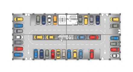 Aerial view of a multi-level parking garage with many cars.