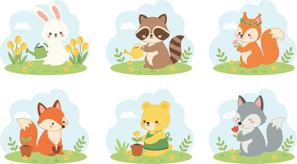 Obraz premium Cartoon animals gardening with bunny, raccoon, squirrel, fox, bear, and wolf in playful outdoor nature design