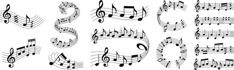 Assortment of black musical notation elements on white background Keywords: music, musical notes, treble clef, staff, melody © Mst Anjuara