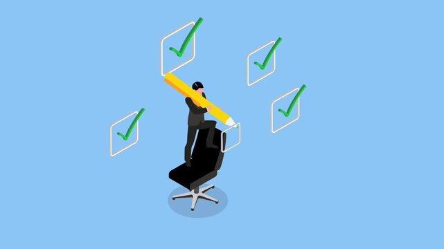 Businessman Standing on Office Chair Checking Off Tasks with Giant Pencil - Productivity and Goal Completion 3d animation cartoon