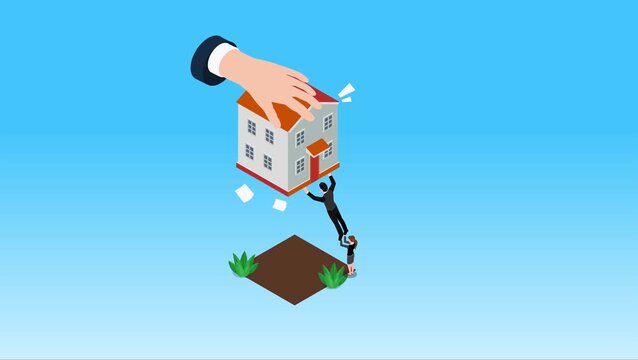 Home Repossession and Eviction Concept with Large Hand Taking House from Small Business People 3d animation cartoon