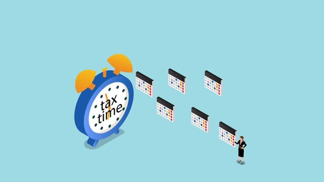 Tax Time Concept with Alarm Clock, Calendars, and Businesswoman 3d animation cartoon
