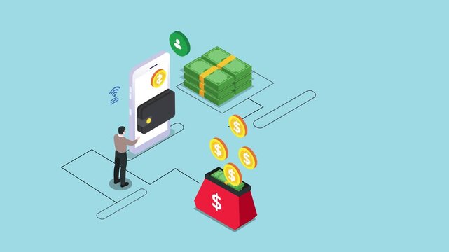 Digital Finance Concept with Mobile Wallet, Cash, Gold Bars, and Online Banking 3d animation cartoon