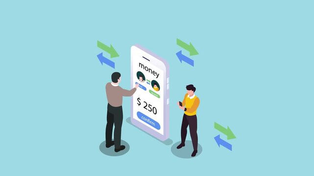 Mobile Money Transfer Concept with Men Using Smartphone for P2P Digital Payments 3d animation cartoon