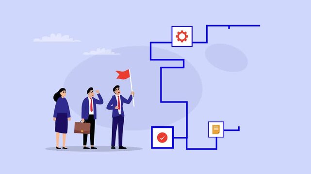 Business Team Analyzing Complex Workflow Maze to Reach Target Goal and Project Success cartoon animation