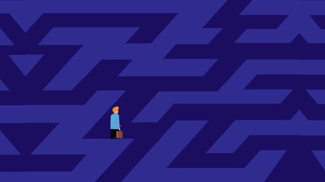 Businessman Standing in Front of a Giant Dark Blue Maze Representing Career Challenges cartoon animation